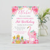 Invitation Ananas rose et or & Flamant rose 21e anniversaire (Debout devant)
