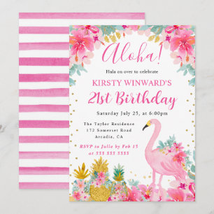 Invitation Ananas rose et or & Flamant rose 21e anniversaire