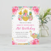 Invitation Ananas rose et or & Flamant rose 21e anniversaire (Debout devant)