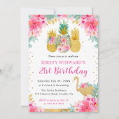 Invitation Ananas rose et or & Flamant rose 21e anniversaire (Devant)