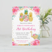 Invitation Ananas rose et or & Flamant rose 21e anniversaire (Debout devant)
