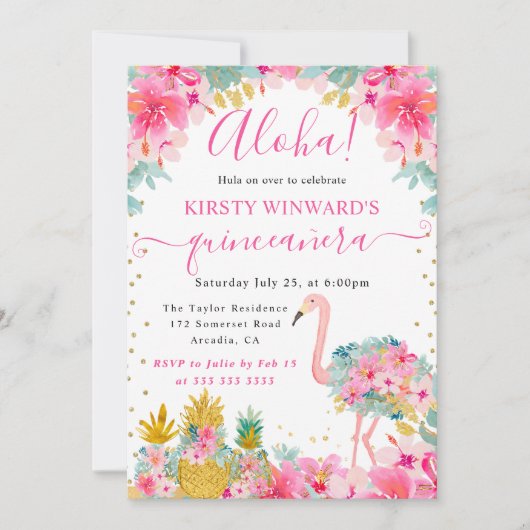 Invitation Ananas rose et or & Flamant rose Quinceanera (Devant)