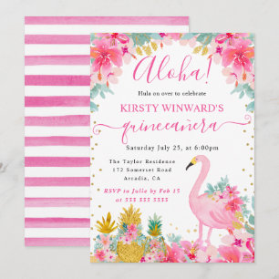 Invitation Ananas rose et or & Flamant rose Quinceanera