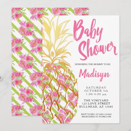 Invitation Ananas rose Fleurs tropicales Baby shower fille (Devant / Derrière)