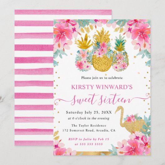 Invitation Ananas roses et dorés et Flamant Rose pour 16 ans (Devant / Derrière)