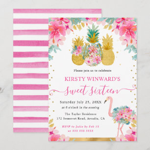 Invitation Ananas roses et dorés et Flamant rose Sweet 16