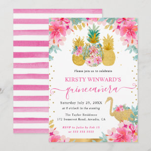 Invitation Ananas roses et dorés et Quinceanera flamant rose