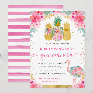 Invitation Ananas roses et dorés et Quinceanera flamant rose