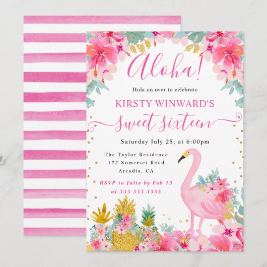 Invitation Ananas roses et dorés & Flamant rose Sweet 16 (Devant / Derrière)