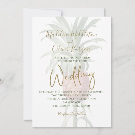 Invitation Ananas Tropical Élégant Mariage d'or moderne (Dos)