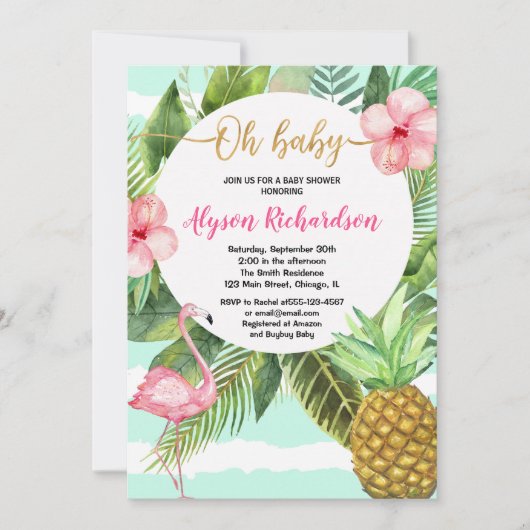 Invitation Ananas tropical flamingo turquoise baby shower fil (Devant)