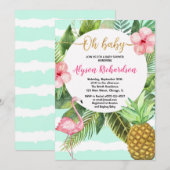 Invitation Ananas tropical flamingo turquoise baby shower fil (Devant / Derrière)