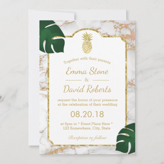 Invitation Ananas Tropical Gold Mariage moderne en marbre (Devant)