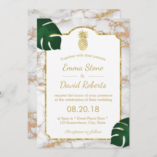 Invitation Ananas Tropical Gold Mariage moderne en marbre (Devant / Derrière)