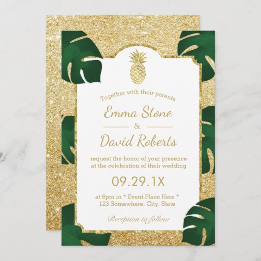 Invitation Ananas Tropical Mariage moderne Parties scintillan (Devant / Derrière)