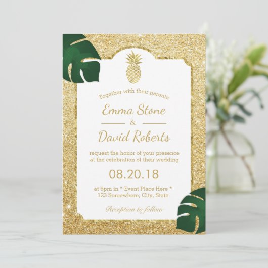 Invitation Ananas Tropical Moderne Parties scintillant or Mar (Debout devant)