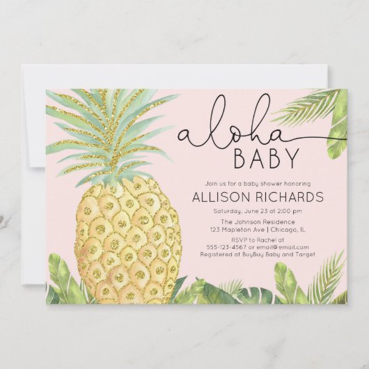 Invitation Ananas tropical rose vif baby shower fille (Devant)