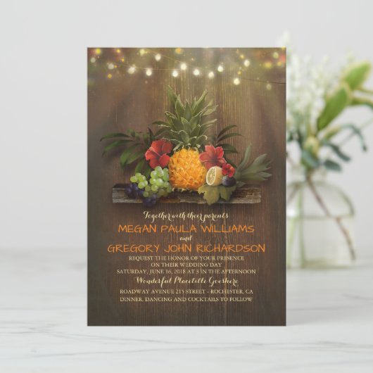 Invitation Ananas Tropical String Lumières Plage Mariage (Debout devant)