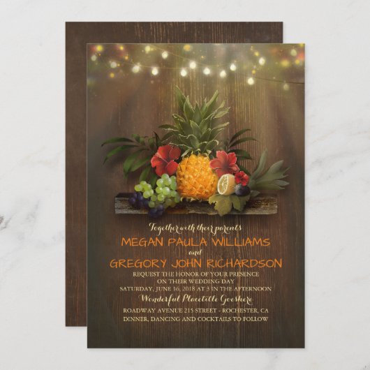 Invitation Ananas Tropical String Lumières Plage Mariage (Devant / Derrière)