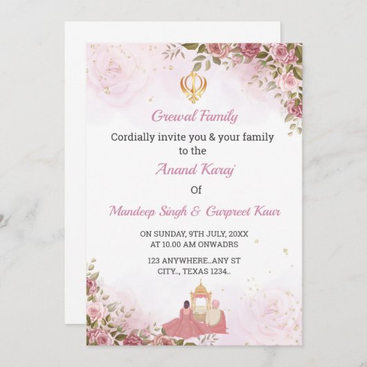 Invitation Anand Karaj, Carte Mariage Sikh (Devant / Derrière)