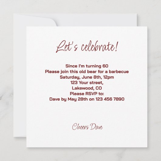 Invitation Ancien anniversaire d'ours, fête des ours grizzlis (Dos)