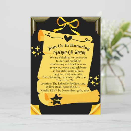 Invitation Ancien défilement Noir & Objectif 25e anniversaire (Debout devant)