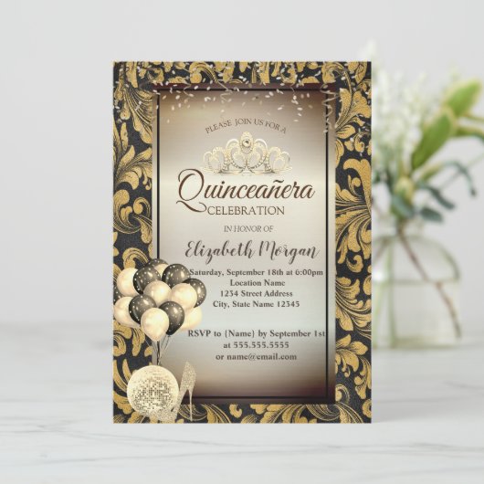 Invitation Ancien Flèches d'or, Ballons, Talons, Tiara Quince (Debout devant)