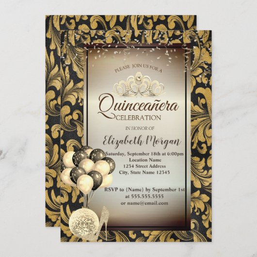 Invitation Ancien Flèches d'or, Ballons, Talons, Tiara Quince (Devant / Derrière)