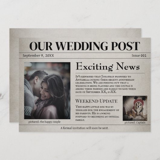 Invitation Ancien journal de mariage Sauvegarder la date (Devant / Derrière)