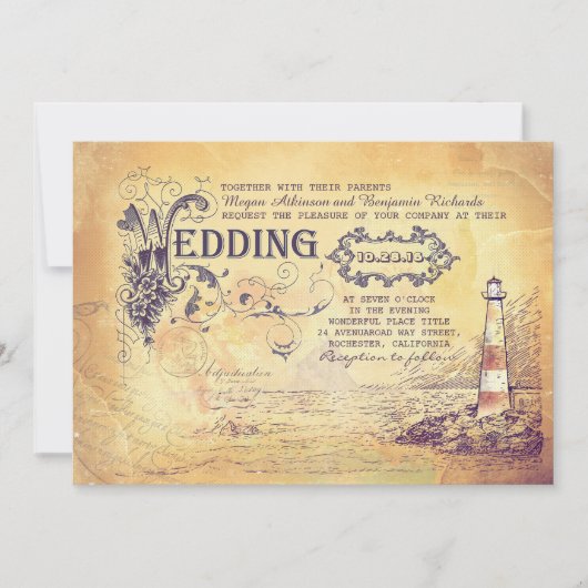 Invitation Ancien phare vintage mariage nautique invite (Devant)
