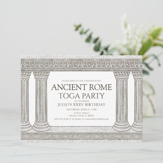 Invitation Ancien Rome Toga Anniversaire fête avec colonnes (Debout devant)