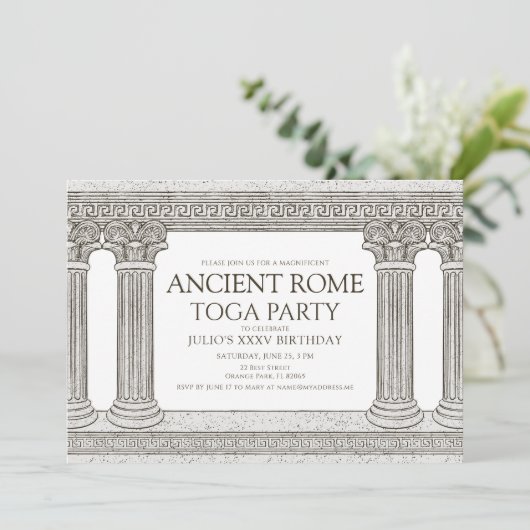Invitation Ancien Rome Toga Anniversaire fête avec colonnes (Debout devant)