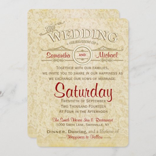 Invitation Ancienne dentelle d'ivoire (Devant / Derrière)