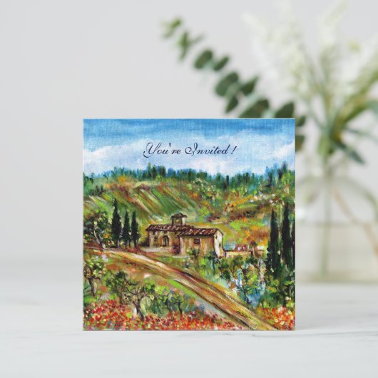 Invitation ANCIENNE FERME PAYSAGE TOSCANE, jaune vert blanc (Debout devant)