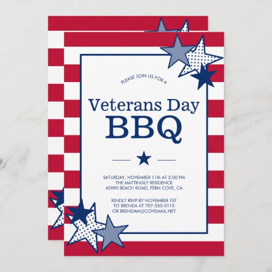 Invitation Anciens Combattants Jour Gras Étoiles et rayures B (Devant / Derrière)