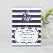 Invitation Ancrage floral sur rayé enregistrer la date (Debout devant)