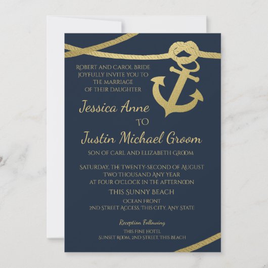 Invitation Ancre à corde Gold et Mariage bleu marine (Devant)