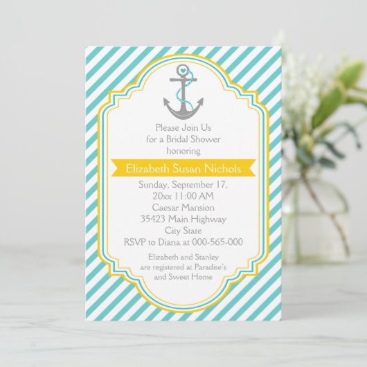 Invitation Ancre aqua, mariage nautique jaune douche nuptiale (Debout devant)