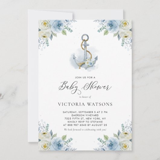 Invitation Ancre aquarelle et Baby shower garçon Fleurs Bleue (Devant)