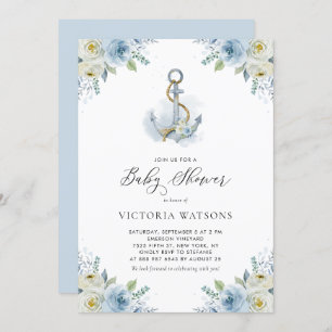 Invitation Ancre aquarelle et Baby shower garçon Fleurs Bleue