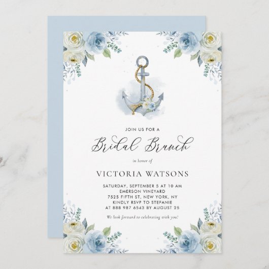 Invitation Ancre aquarelle et Fleurs bleues Brunch nuptial (Devant / Derrière)