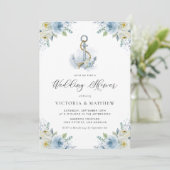 Invitation Ancre aquarelle et Wedding shower de fleurs bleues (Debout devant)