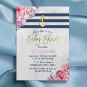 Invitation Ancre aurifère marine Baby shower floral Vintage