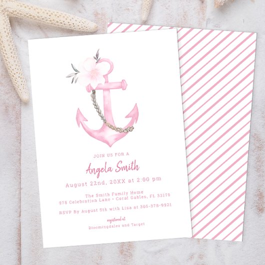 Invitation Ancre Baby shower Aquarelle rose