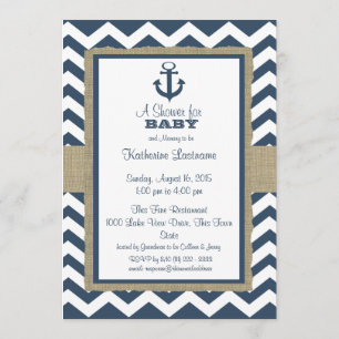 Invitation Ancre  Baby shower Blue Zigzag