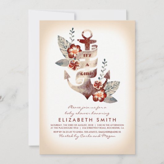 Invitation Ancre Beach Baby shower tropical nautique (Devant)