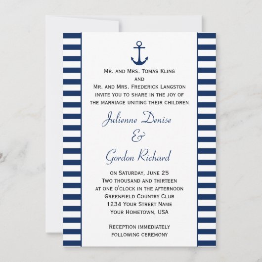 Invitation Ancre Bleu Bleu Blancs Mariages nautiques (Devant)