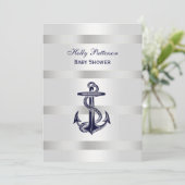 Invitation Ancre bleu marine Baby shower Silver Wt BG V (Debout devant)
