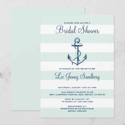 Invitation Ancre bleu marine et Fête des mariées à rayures de (Devant / Derrière)
