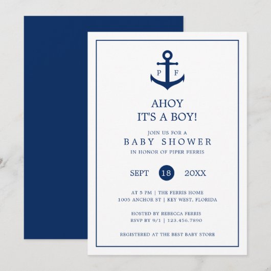 Invitation Ancre bleu marine Monogramme Baby shower garçon (Devant / Derrière)